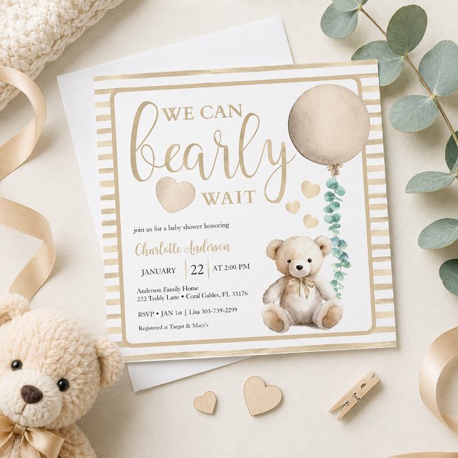 Neutral Bearly Wait Teddy Bear Shower Invite (Baby shower invitation with teddy bear)