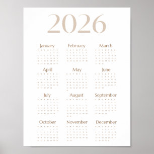 Neutral Beige 2026 Calendar Minimalist One-Page Poster