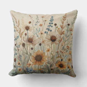 Neutral Beige Blue Brown Wildflower Print Cushion