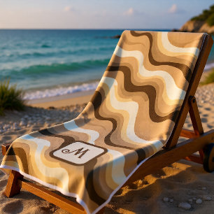Neutral Beige Brown Retro Wave Monogram Modern Beach Towel