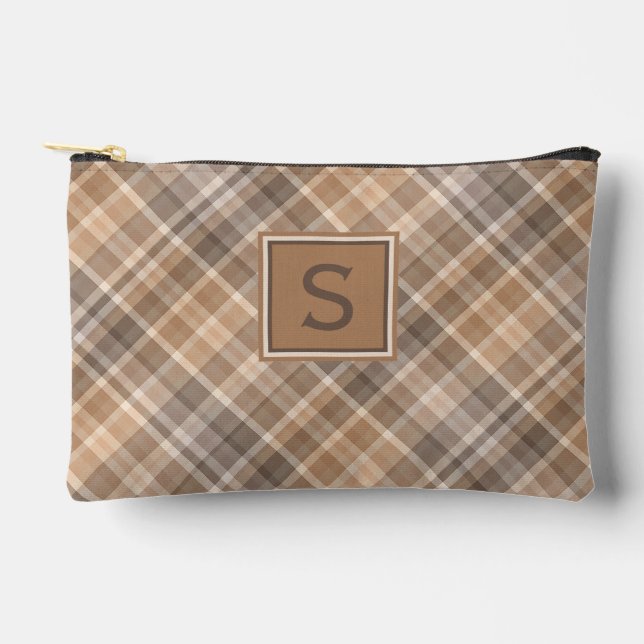 Neutral Beige Brown Taupe Plaid Gingham Pattern Accessory Pouch (Front)