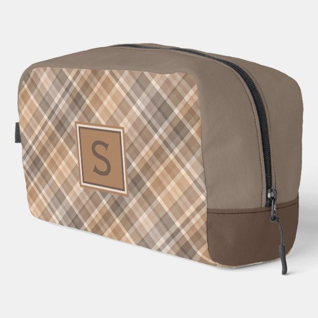 Neutral Beige Brown Taupe Plaid Gingham Pattern Dopp Kit (Right Corner)