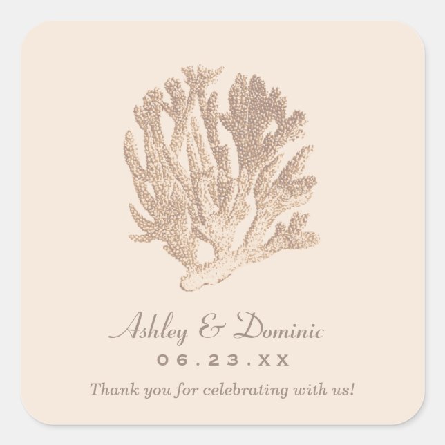 Neutral Beige Coral Beach Wedding Monogram Square Sticker (Front)