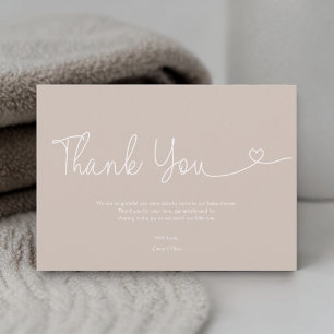 Neutral Beige earth tone Baby Shower Script Heart  Thank You Card