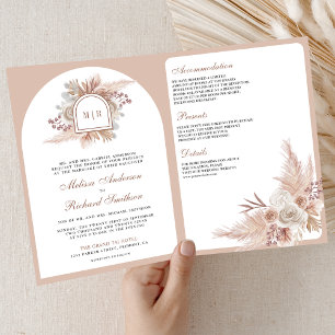 Neutral Beige Floral Boho Pampas QR Code Wedding Invitation