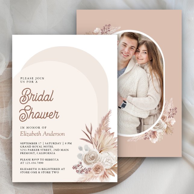Neutral Beige Floral Pampas Photo Bridal Shower Invitation (Creator Uploaded)