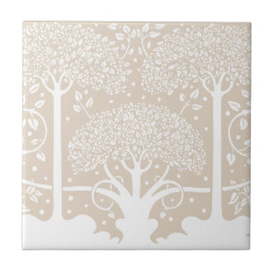 Neutral Beige Forest Pastel Tree Garden Ceramic Tile