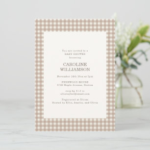 Neutral Beige Gingham Check Plaid Fall Baby Shower Invitation