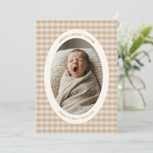 Neutral Beige Gingham Oval Photo Baby Birth Stats Announcement