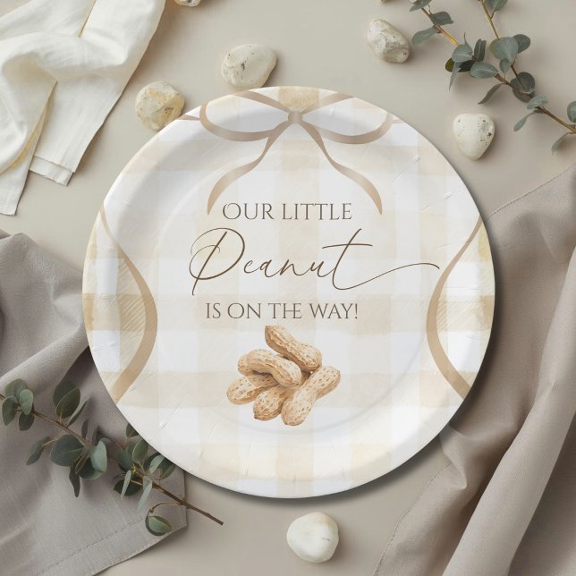 Neutral Beige Gingham Peanut Baby Shower Decor Paper Plate (Creator Uploaded)