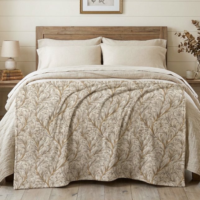 Neutral Beige Gold Botanical Leaf William Morris Fleece Blanket (Creator Uploaded)
