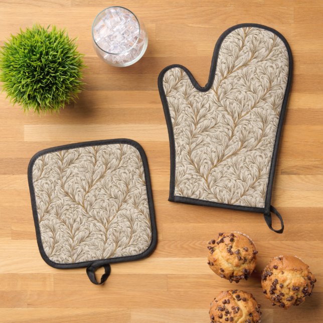 Neutral Beige Gold Botanical Leaf William Morris Oven Mitt & Pot Holder Set (Top Down)