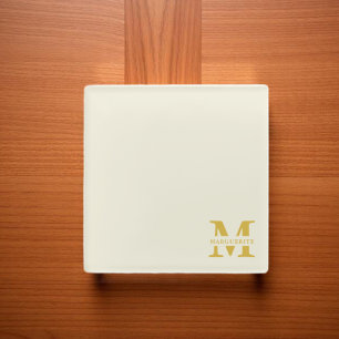 Neutral Beige Gold Monogram Glass Coaster