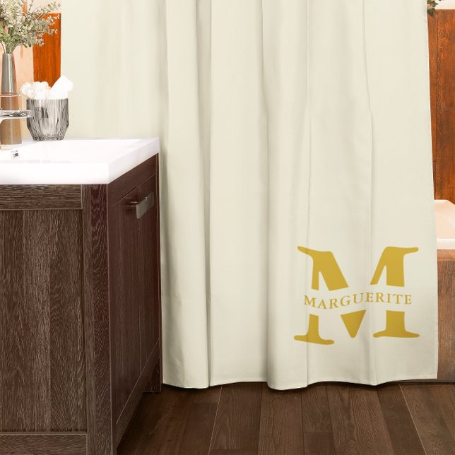 Neutral Beige Gold Monogram Shower Curtain (Creator Uploaded)