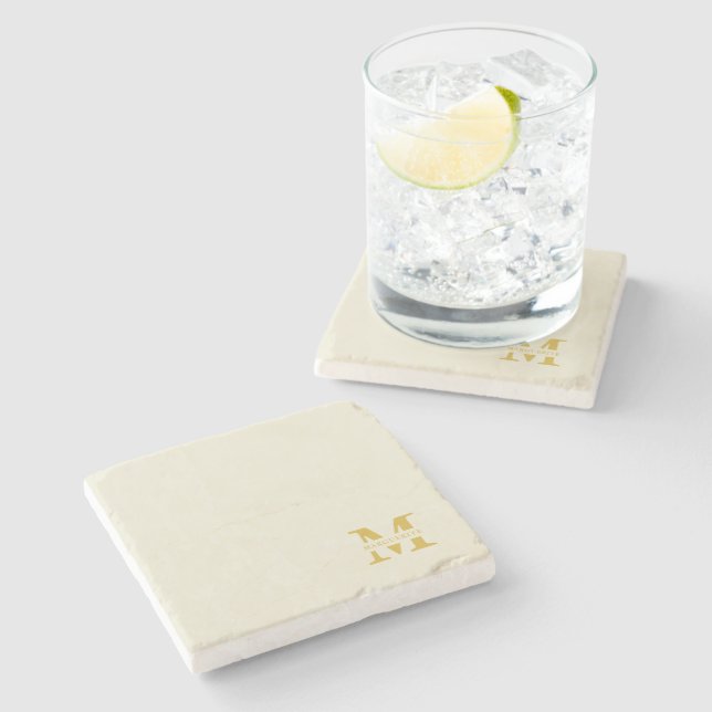 Neutral Beige Gold Monogram Stone Coaster (Side)