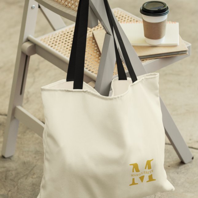 Neutral Beige Gold Monogram Tote Bag (Creator Uploaded)