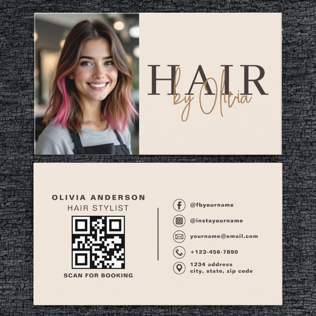 Neutral Beige Hair Stylist Photo QR Code  Business Card (Creator Uploaded)