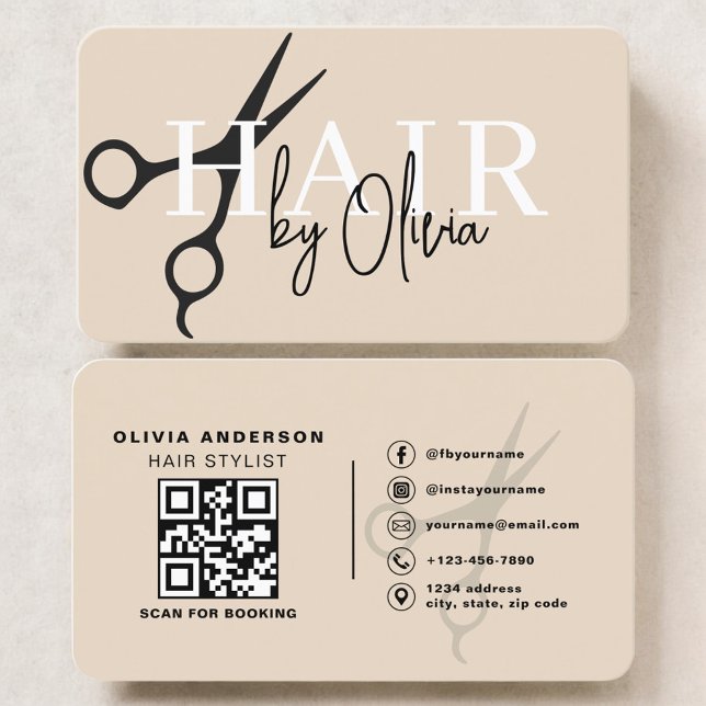 Neutral Beige Hair Stylist Scissors QR Code Business Card (Creator Uploaded)