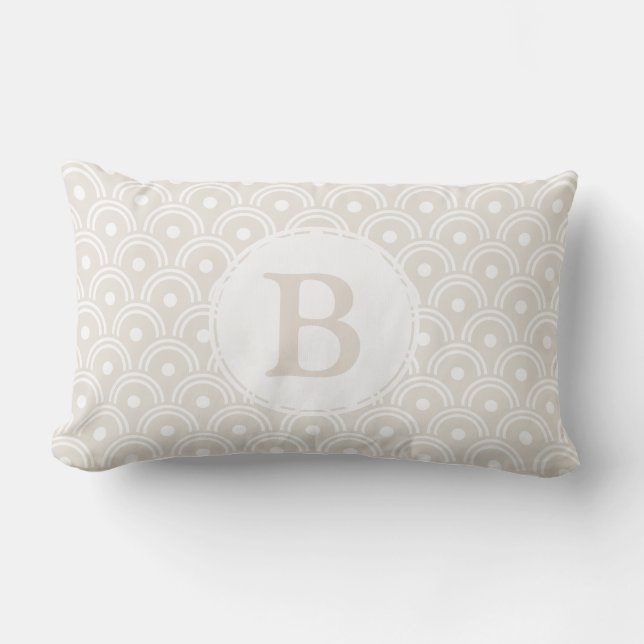 Neutral Beige Japanese Scallops & Initial Letter Lumbar Cushion (Front)