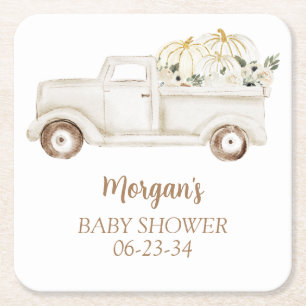 Neutral Beige Little Pumpkin Cute Baby Shower Square Paper Coaster