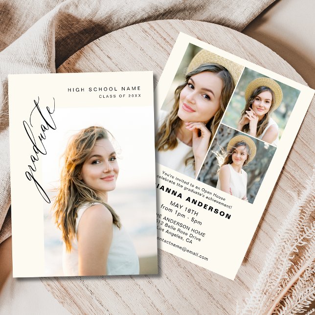 Neutral Beige Minimalist Photo Graduation Party Invitation (Creator Uploaded)