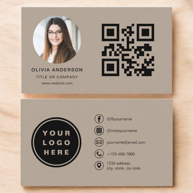 Neutral Beige Modern Minimalist Photo with QR Code Business Card (Creator Uploaded)
