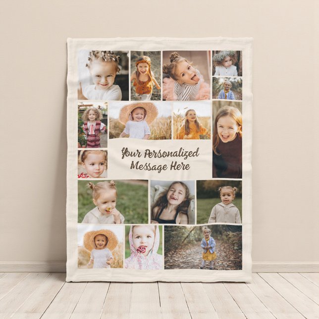 Neutral Beige Modern Personalised 16 Photo Collage Fleece Blanket (Creator Uploaded)