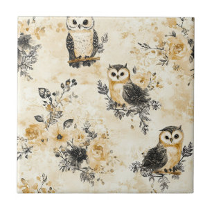 Neutral Beige Owl Floral Botanical Pattern Ceramic Tile