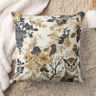 Neutral Beige Owl Floral Botanical Pattern Cushion