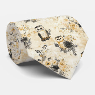 Neutral Beige Owl Floral Botanical Pattern Tie