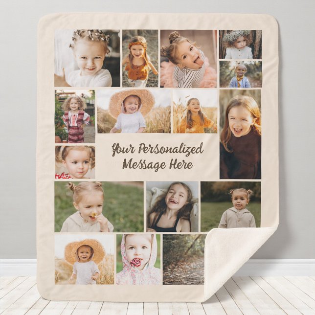 Neutral Beige Personalized 16 Photo Collage Sherpa Blanket (Creator Uploaded)