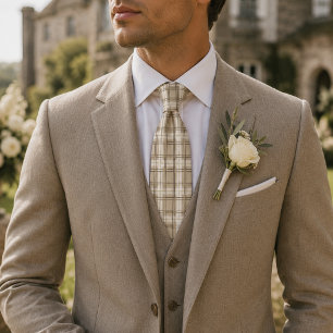 Neutral Beige Plaid Tartan  Tie
