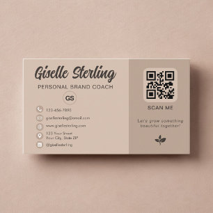 Neutral Beige QR Code Monogram Social Media Business Card