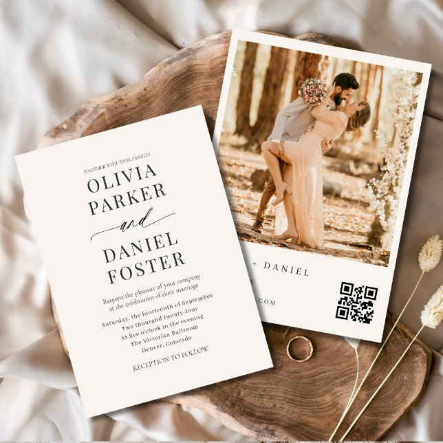 Neutral Beige QR Code Photo Elegant Modern Wedding Invitation (Creator Uploaded)