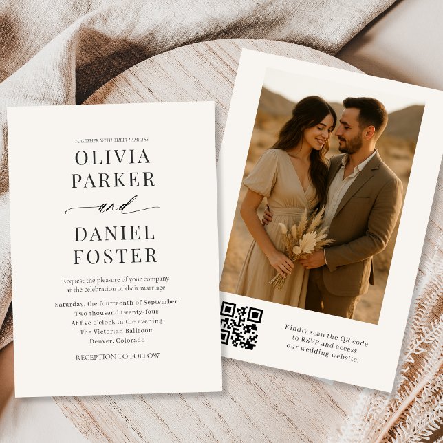 Neutral Beige QR Code Photo Wedding Invitation (Creator Uploaded)