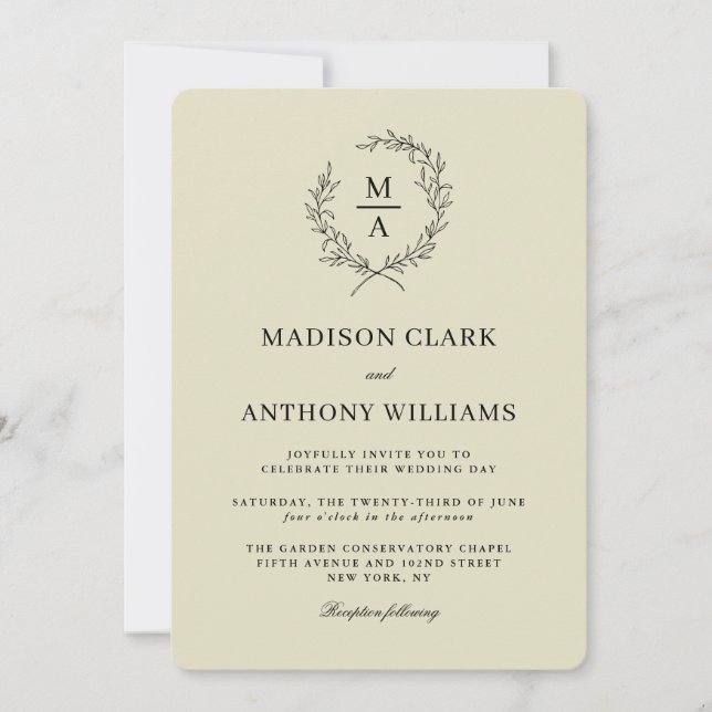 Neutral Beige Simple Elegant Monogram Wedding Invitation (Front)
