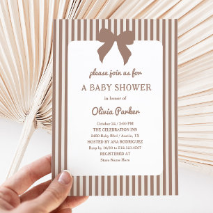 Neutral Beige Stripes and Trendy Bow Baby Shower Invitation