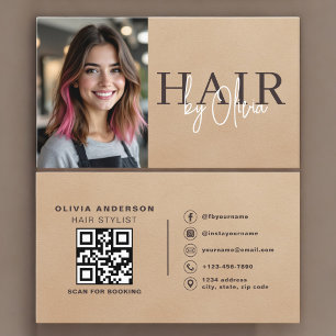 Neutral Beige Suede Hair Stylist Photo QR Code  Business Card