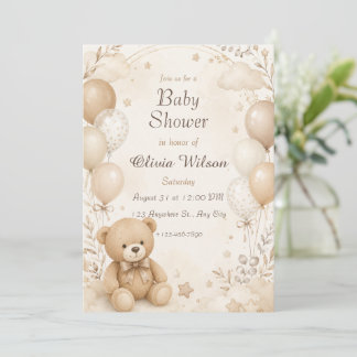 Neutral Beige Teddy Bear Baby Shower Invitation 
