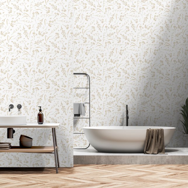 Neutral Beige Wildflower Botanical Pattern Wallpaper (Bathroom)