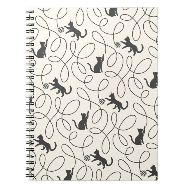 Neutral Black Cat and Yarn Ball Pattern Notebook (Front)