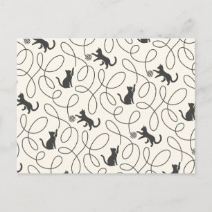 Neutral Black Cat and Yarn Pattern Postcard