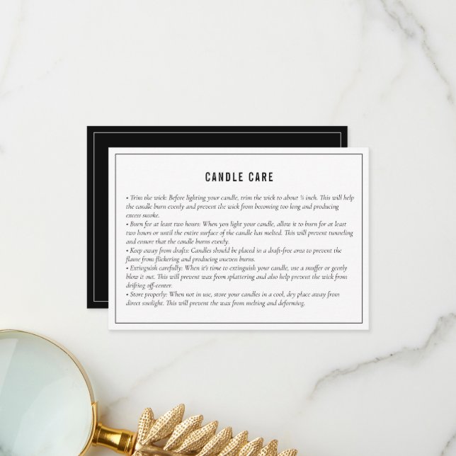 Neutral Black White Candle Care Instruction Card (Front/Back In Situ)