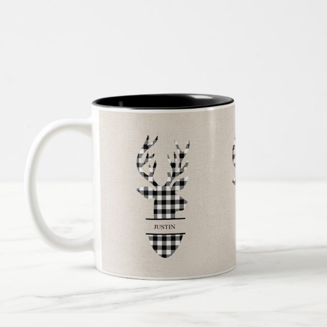 Neutral Black & White Plaid Deer Two-Tone Coffee Mug (Left)