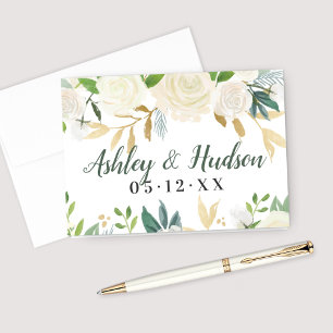 Neutral Blooms Green Floral Wedding Monogram Note Card