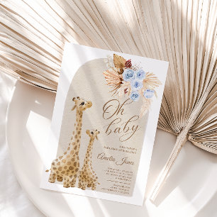 Neutral Blue Pampas Grass Giraffe Baby Shower Invitation