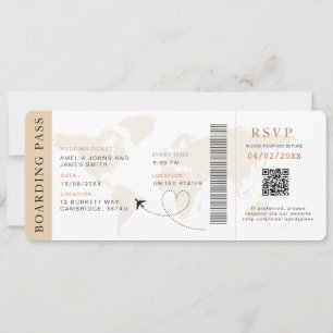 Neutral Boarding Pass Destination wedding QR code  Invitation