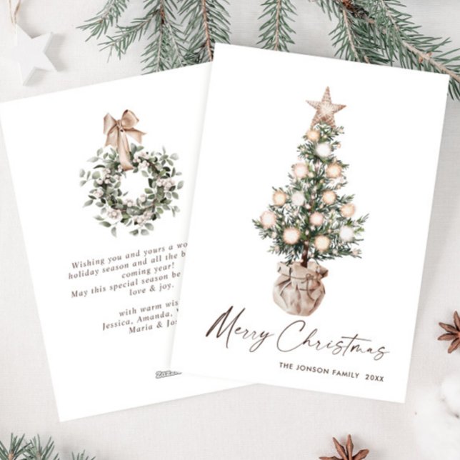 Neutral Bohemian Christmas Pine Tree Greeting Holiday Card (Creator Uploaded)