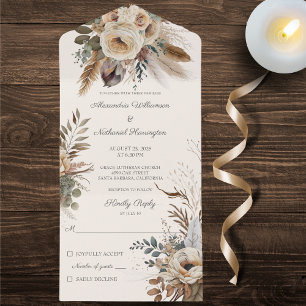Neutral Bohemian Flowers & Feathers All In One Invitation