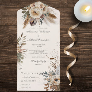Neutral Bohemian Flowers & Feathers All In One Invitation